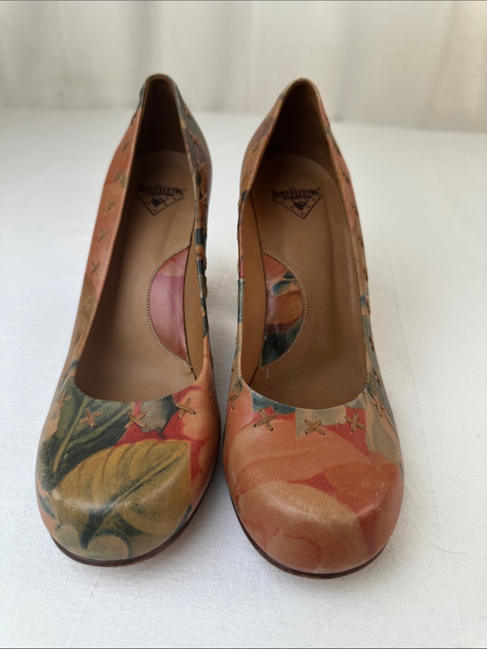 John Fluevog Fortune Floral Leather Round-Toe Pumps - Peach Green Multicolor